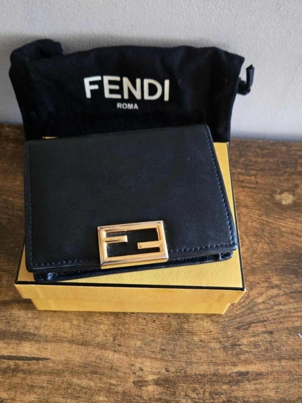 Fendi Black Leather Compact Wallet with Gold FF Buckle